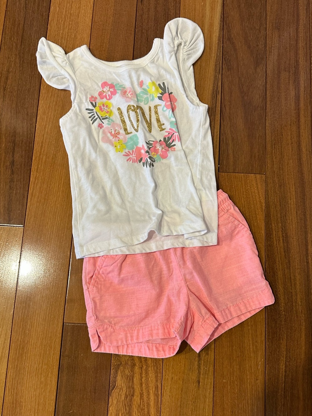 White Floral "Love" Ruffle Sleeve Tank with Pink Shorts - Kids
